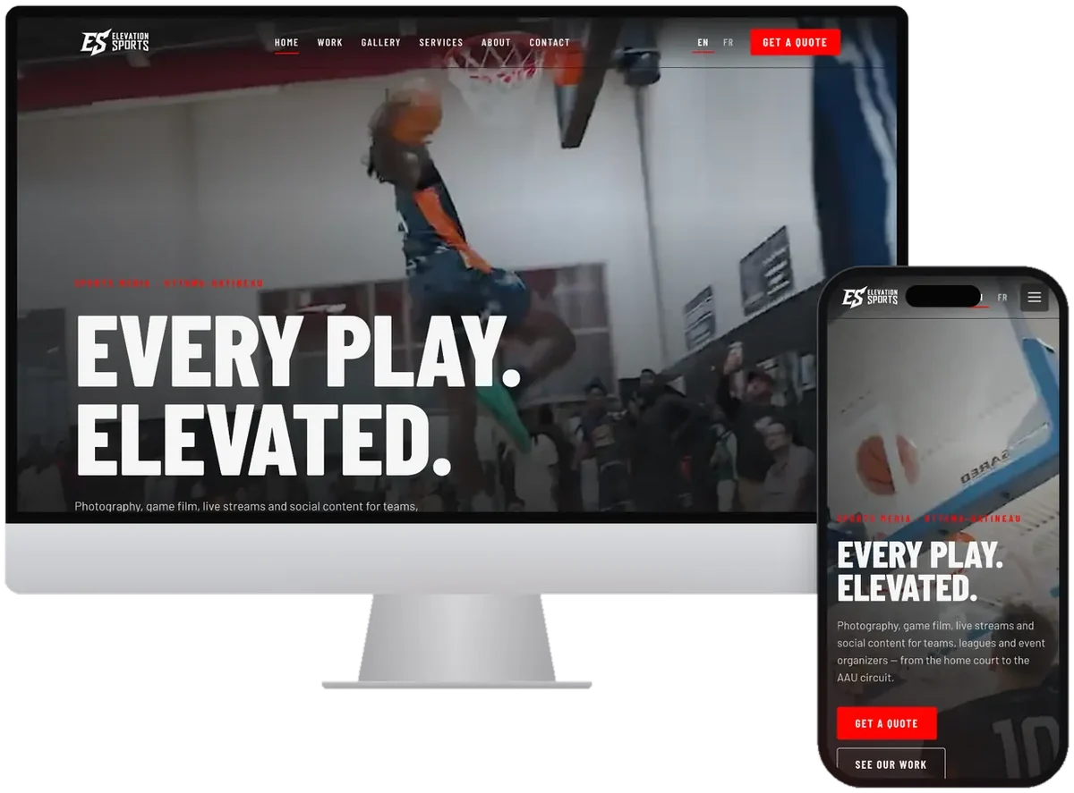 The Elevation Sports Media website on an iMac and an iPhone: a slam dunk behind the headline Every play. Elevated.
