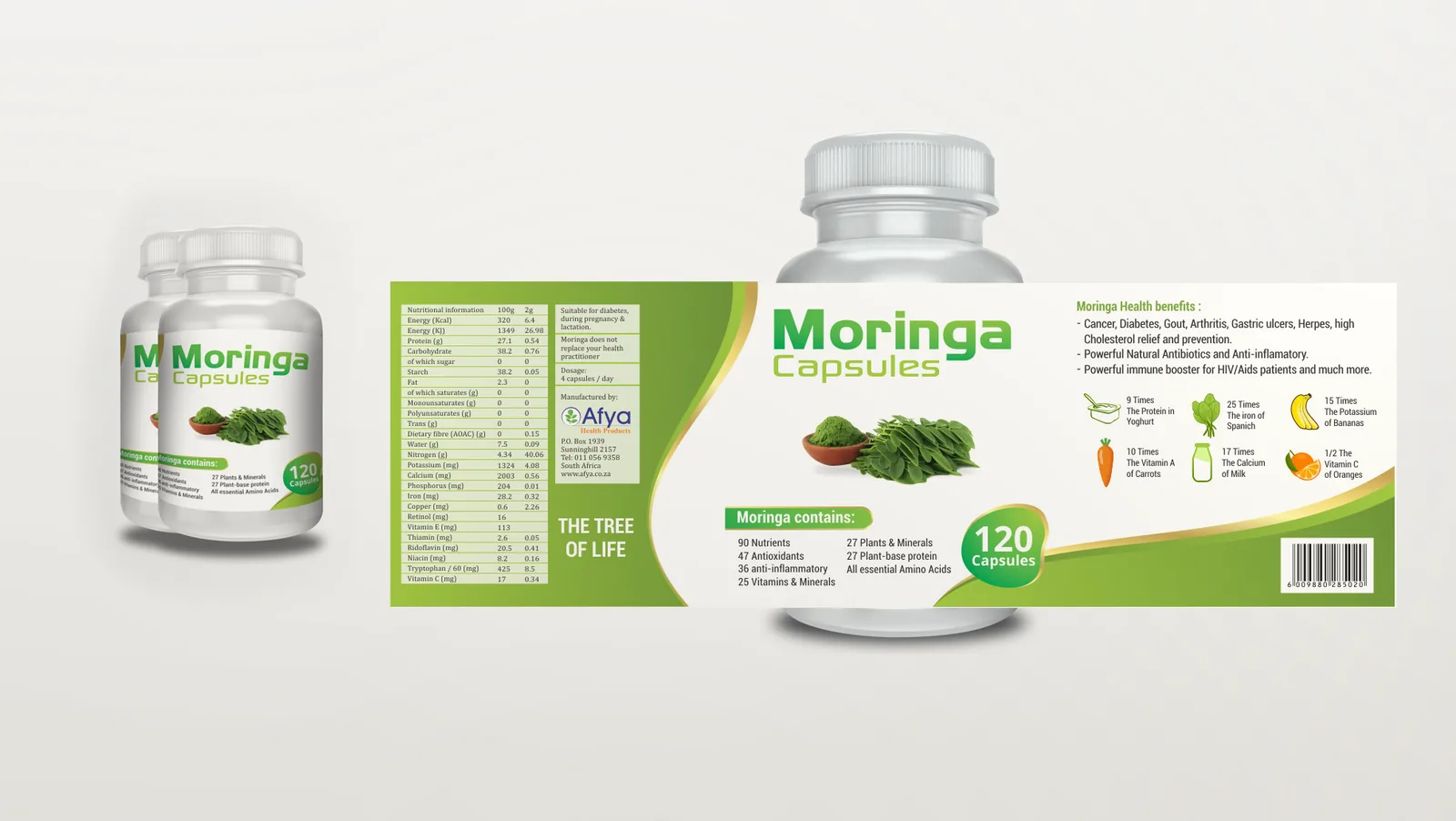 Flacons de capsules de moringa à côté de l’étiquette à plat : tableau nutritionnel et posologie à gauche, nom du produit au centre, icônes comparatives à droite.