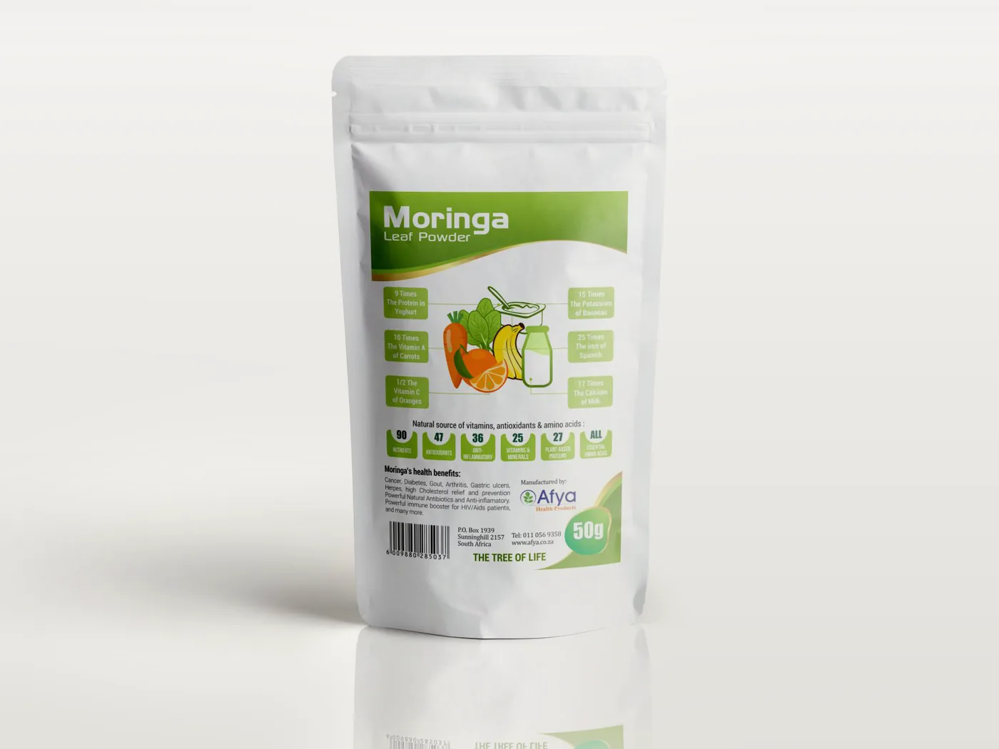 Sachet doypack de poudre de feuilles de moringa, 50 g, avec l’en-tête vert, l’infographie comparative et les pastilles nutritionnelles.