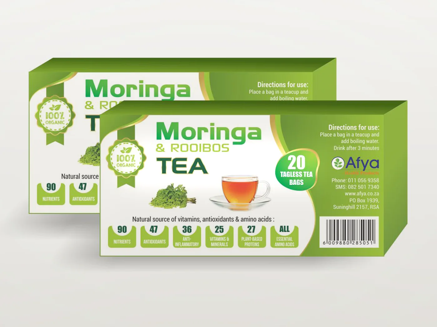 Deux boîtes de thé moringa et rooibos, 20 sachets sans étiquette, avec un sceau 100 % biologique et la rangée de pastilles nutritionnelles.