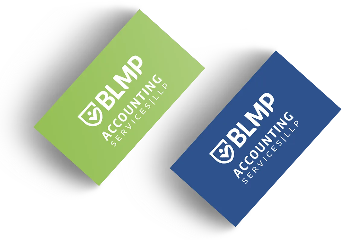 Cartes professionnelles vertes et marine avec le logo BLMP en blanc.