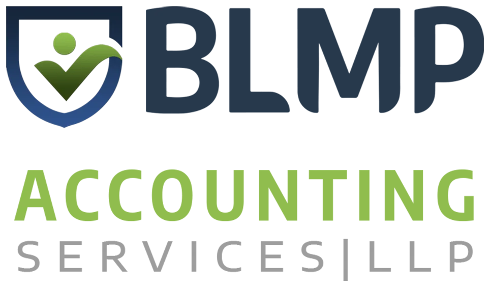 Logo de BLMP Services de comptabilité SRL : un écusson marine avec un personnage-crochet vert.