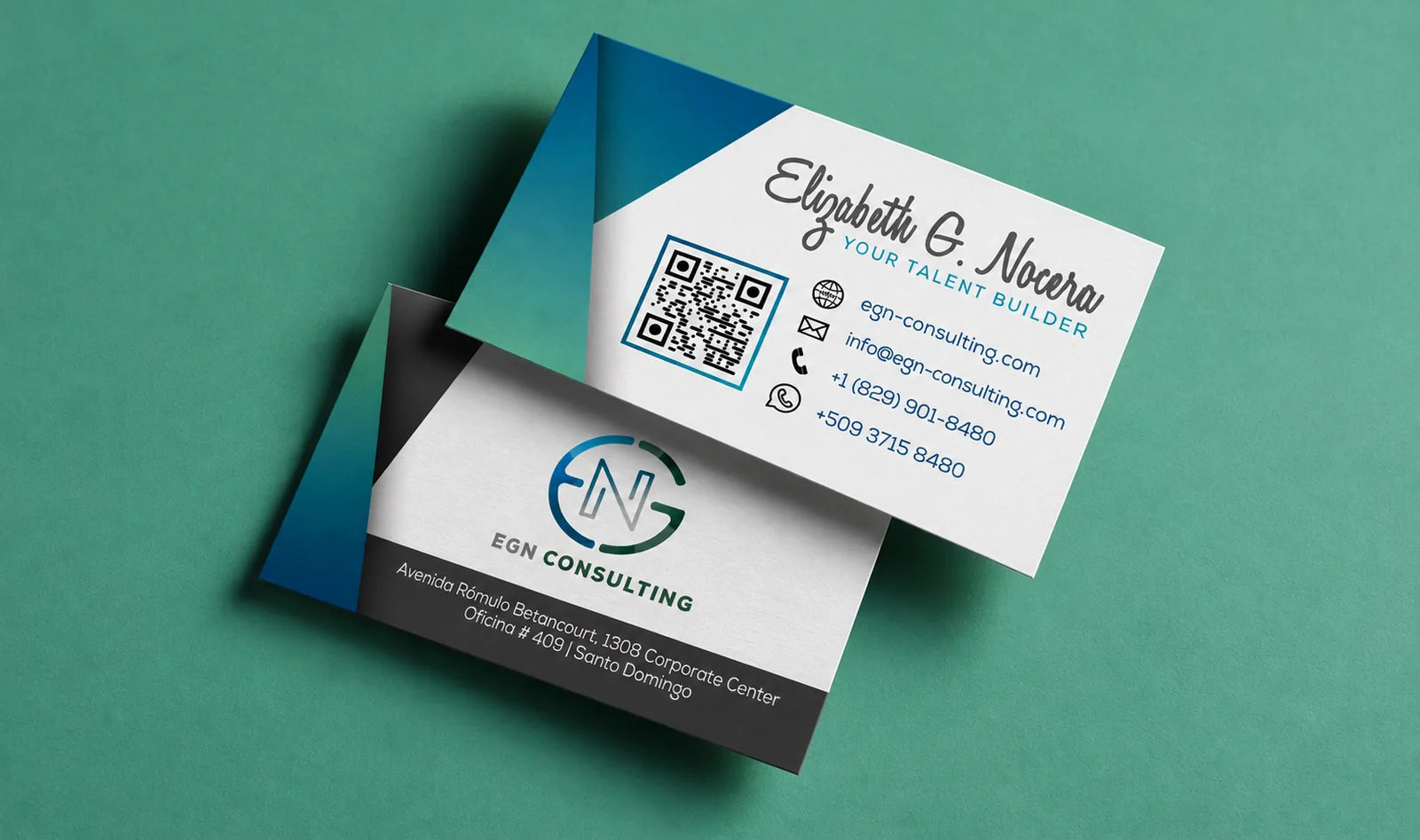 Two business cards: the front with Elizabeth G. Nocera’s signature, a QR code and contact details; the back with the EGN logo and the Santo Domingo office address.