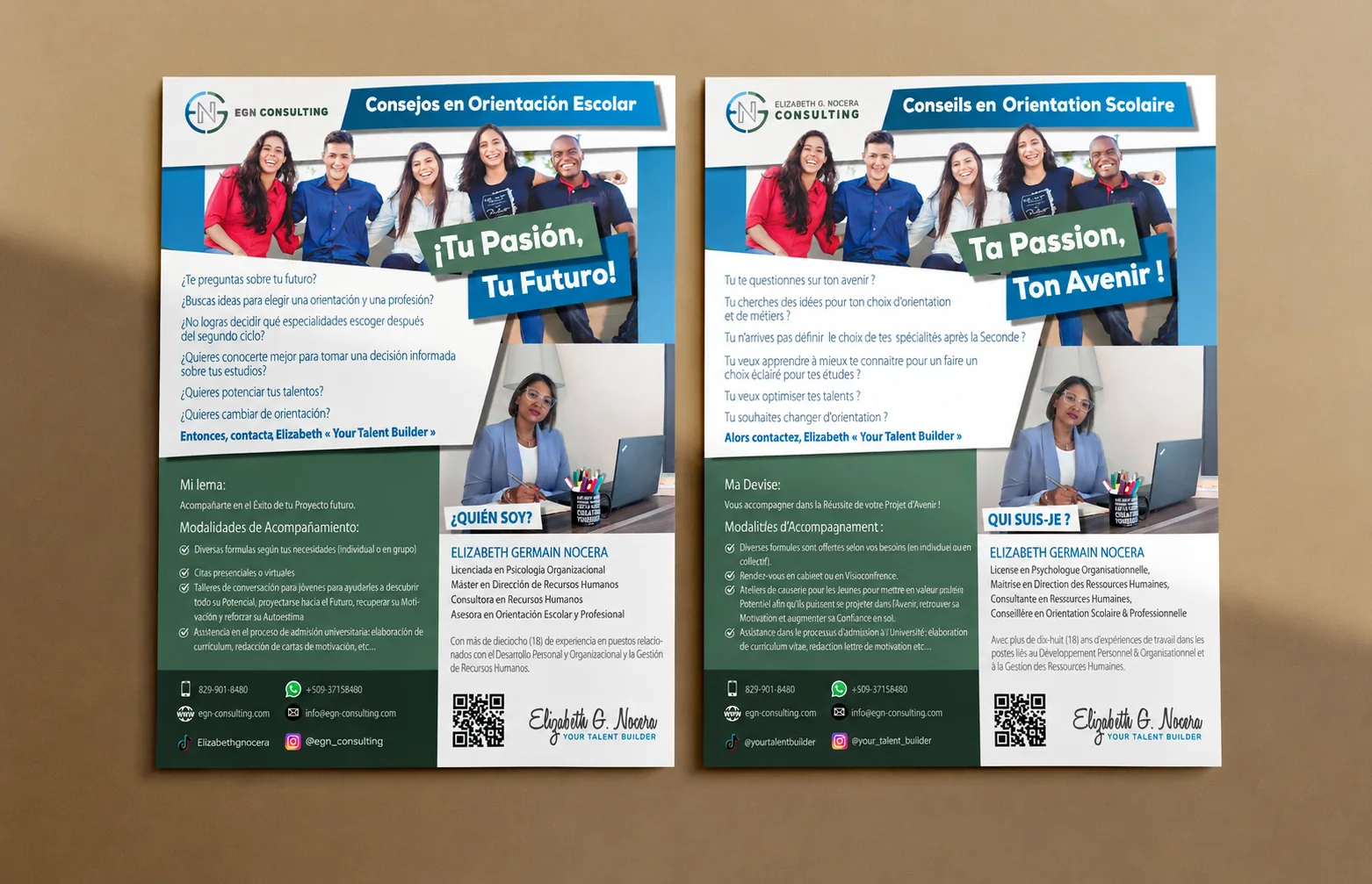 Two flyers side by side, one in Spanish and one in French, each with smiling students under the headline “Your passion, your future” and a portrait of Elizabeth at her desk.