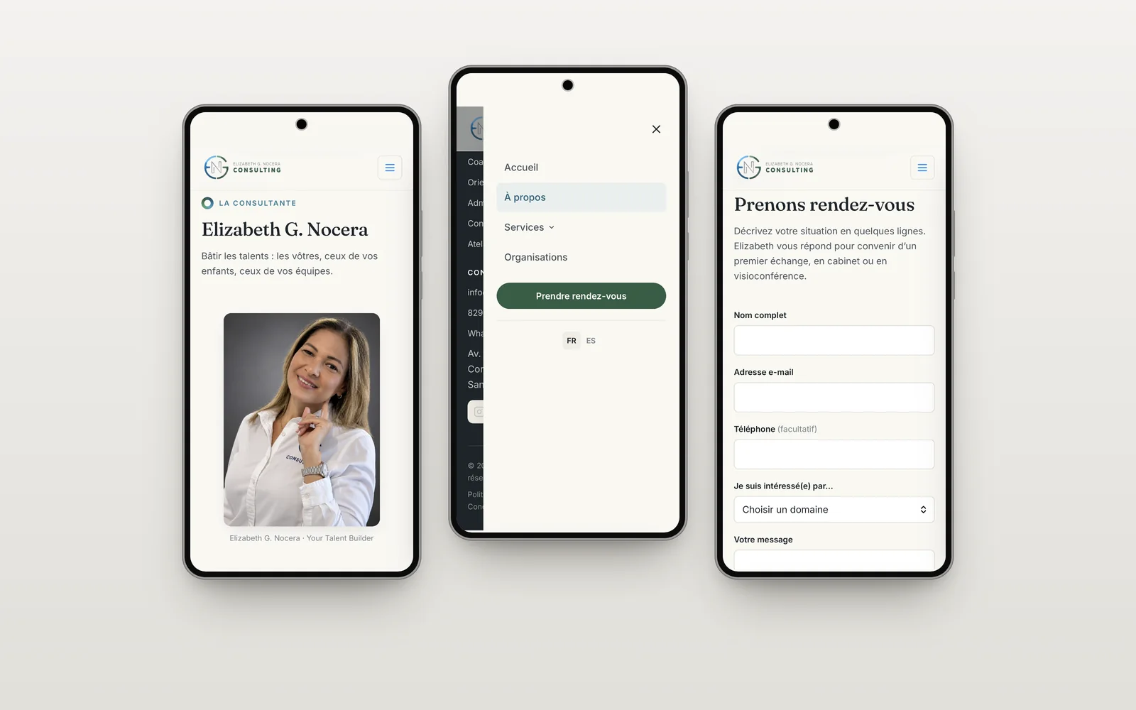 Three Samsung phones showing the About page with Elizabeth’s portrait, the open menu, and the appointment form.