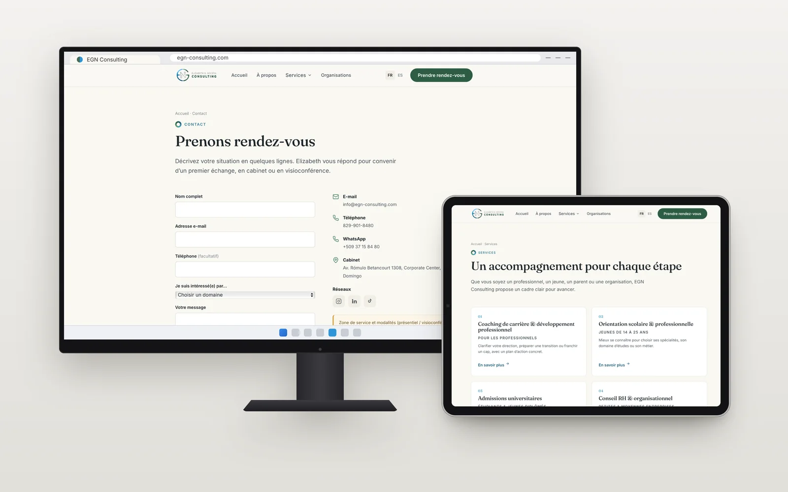 The EGN Consulting website on a Windows monitor and an iPad: the appointment form and the services page.
