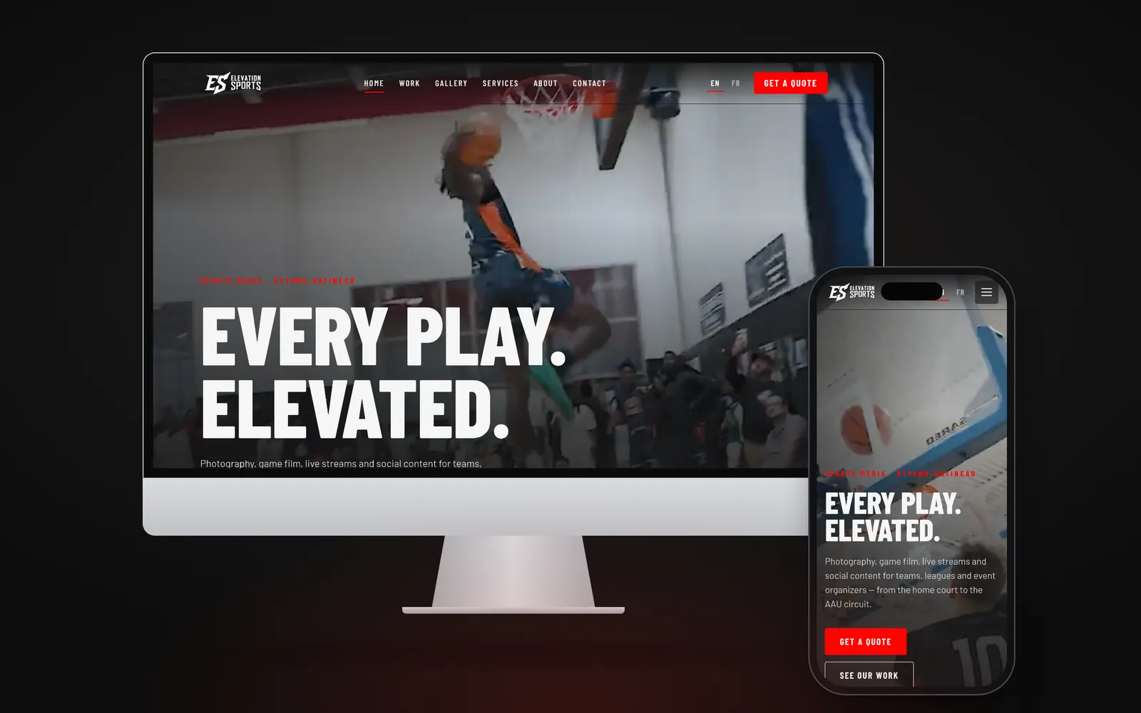 Elevation Sports website on an iMac and an iPhone: a dunk behind the headline Every play. Elevated.