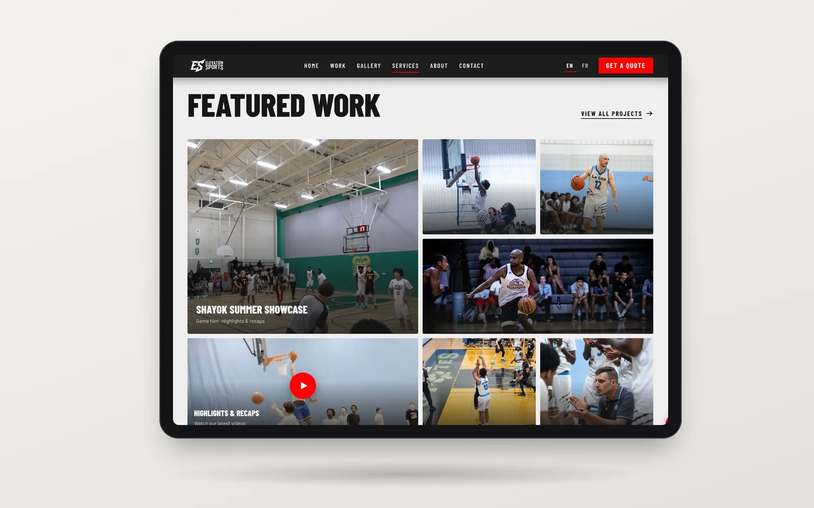 iPad showing the Featured Work grid with game photos and a highlights video.