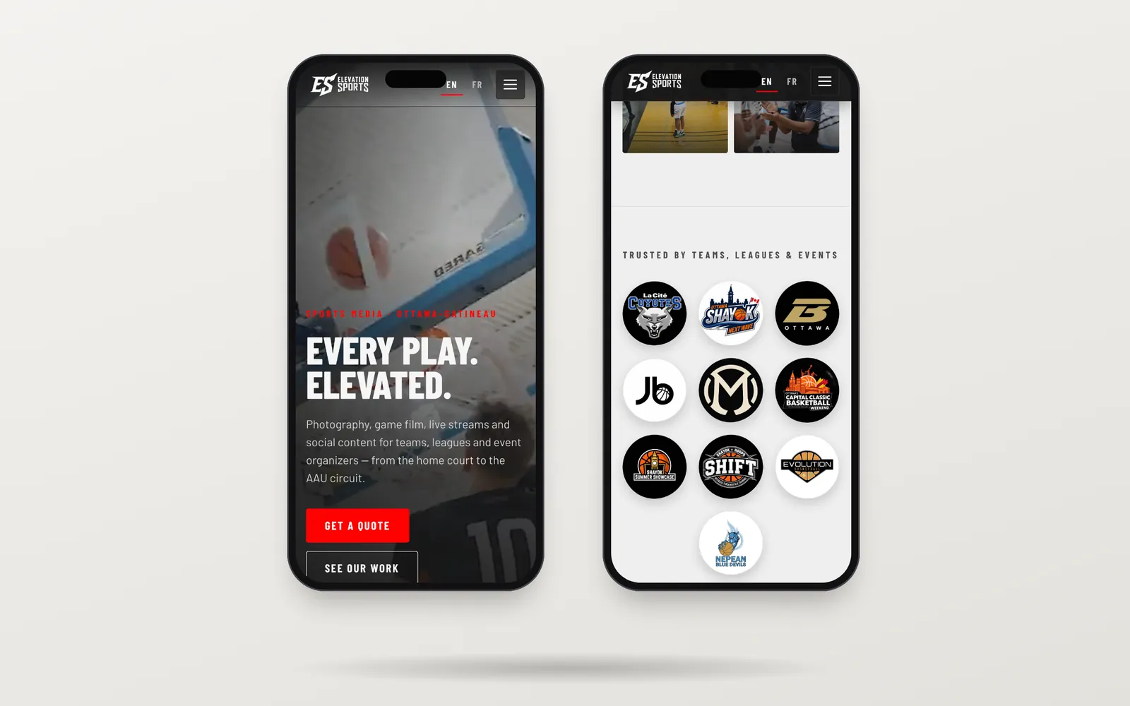 Two iPhones showing the home page and the trusted-by section.