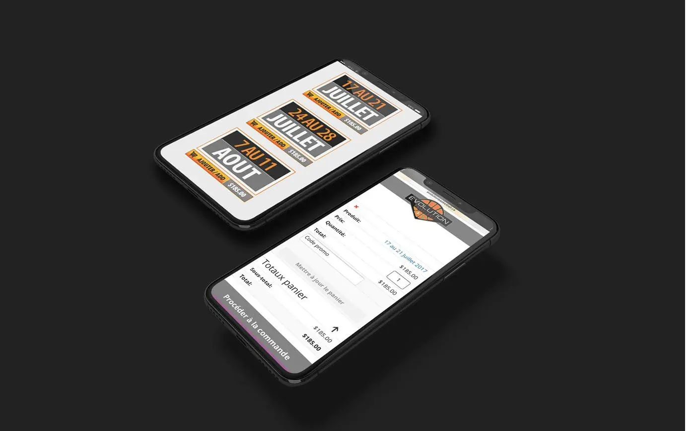Deux téléphones affichant les semaines de camp et le panier d’achat.