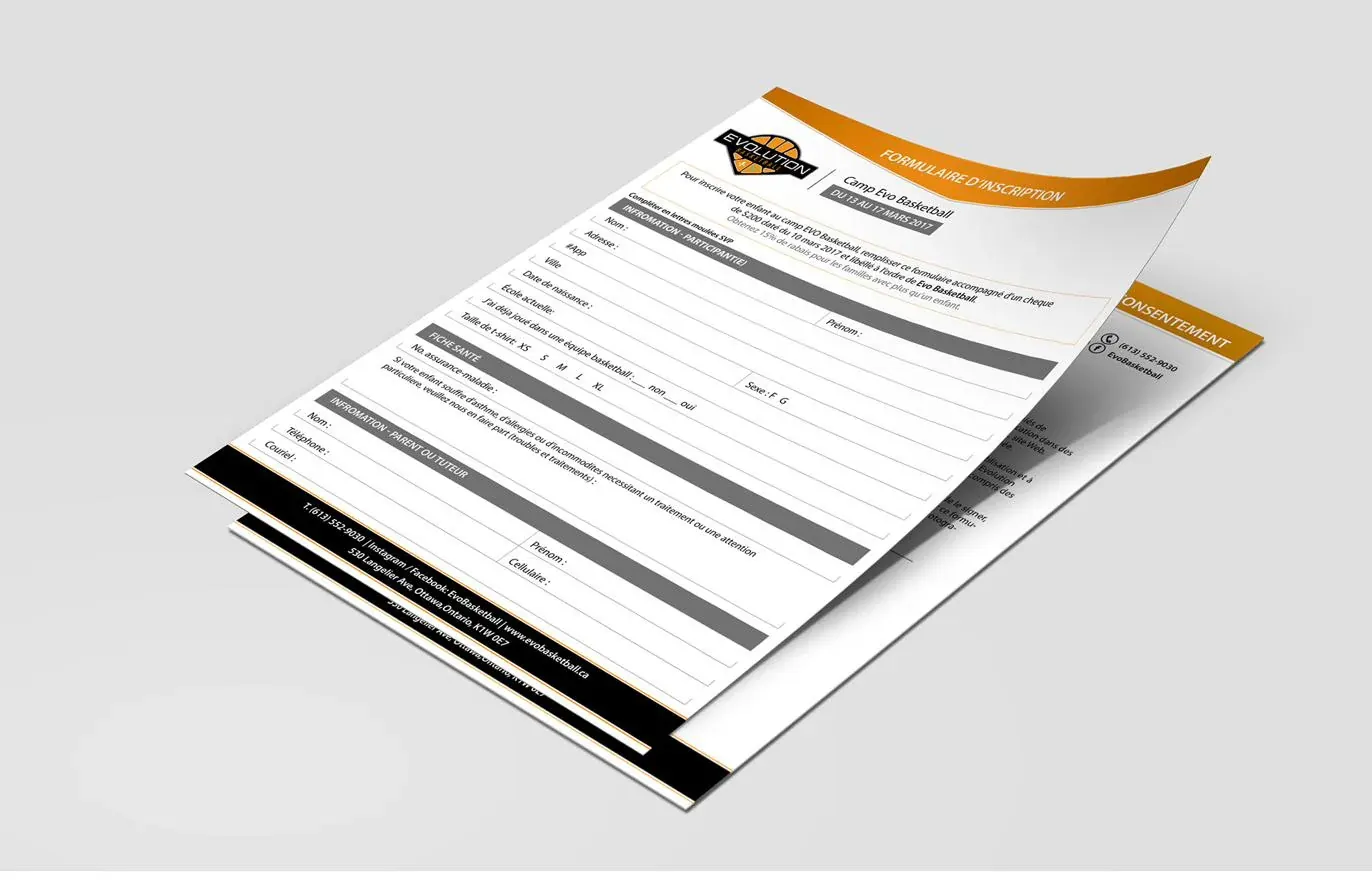 Formulaire d’inscription au camp imprimé, avec en-tête orange.