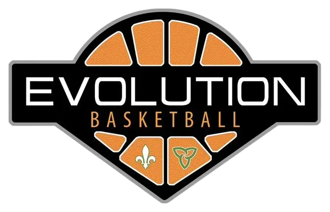 Écusson Evolution Basketball : un bouclier noir aux panneaux de ballon orange, une fleur de lys et un trille.