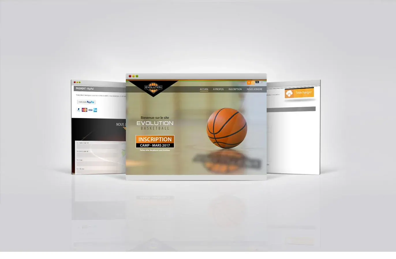 Accueil du site bilingue avec un ballon et un bouton d’inscription au camp, entouré des pages de paiement et de téléchargement.