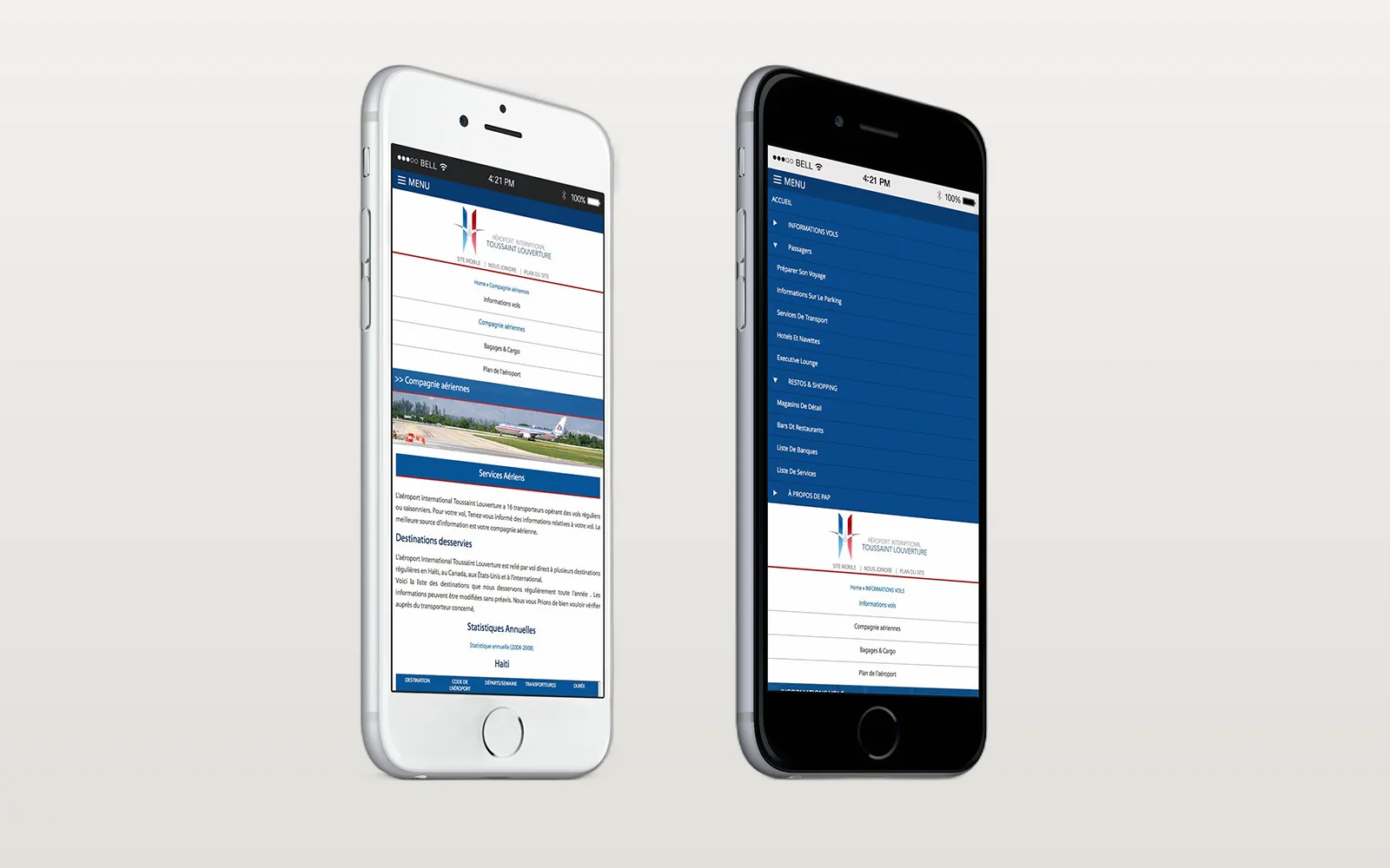 Deux iPhone affichant le site mobile de PAP : une page des compagnies aériennes et le menu de navigation bleu ouvert.