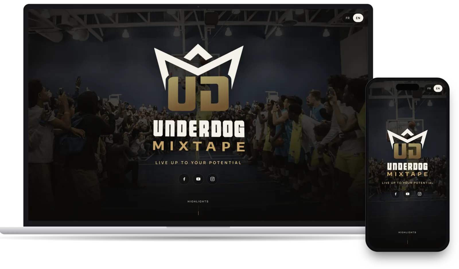 Underdog Mixtape website on a laptop and a phone, with the crowned UD logo over a packed gym.