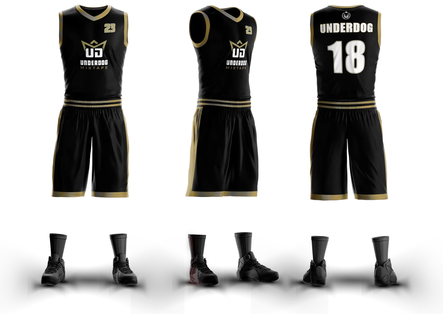 Uniforme de basketball Underdog noir et or vu de face, de profil et de dos, avec l’écusson UD couronné et le numéro 18.